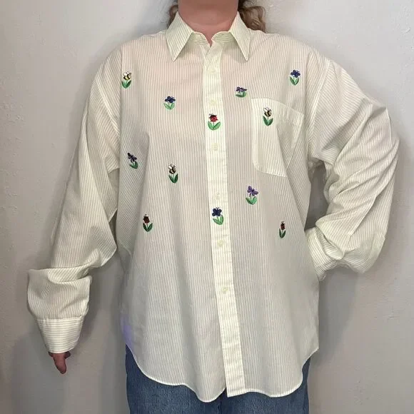 Vintage XL Lime Green Striped Button Down Embroidered Bugs Flowers Rhinestones - Picture 2 of 11